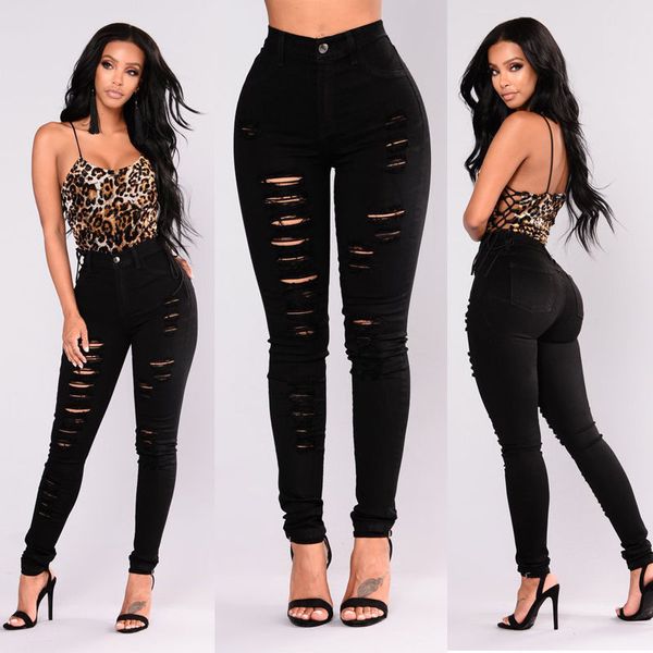

women ladies high waist ripped slim skinny jeans stretch pencil hole denim solid black long pants, Blue