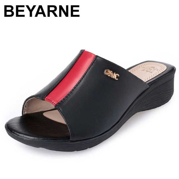 

beyarne 2020 genuine leather woman slipper red and black stitching metal decoration comfortable wedges mother shoes