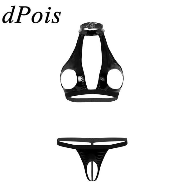 

dpois erotic lingerie women corset bralette hollow out bust push up bra & crotchless g-string bikini briefs underwear, Red;black