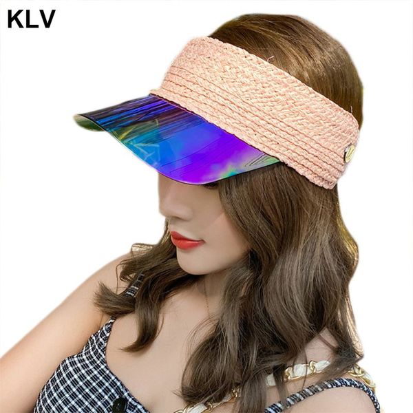 

women summer empty woven straw baseball cap hologram transparent panel uv protection adjustable outdoor beach sun visor hat, Blue;gray