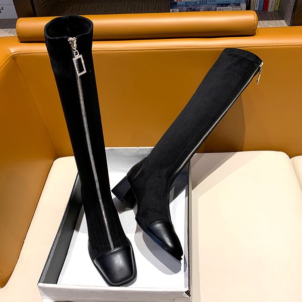 

square toe knee boots for women zip style fashion 2020 winter knee-high high heels shoes casual ladies female boots, Black