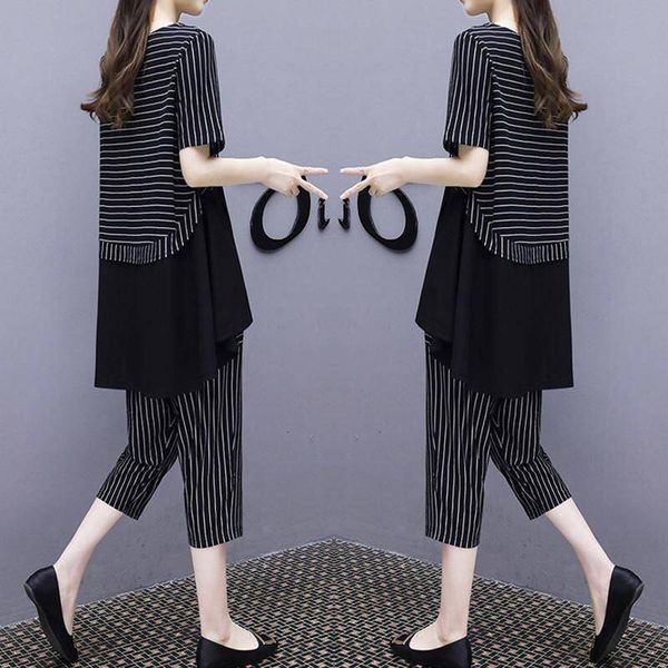 

women summer new style fat mm western style covering meat loose thin plus size women's fashion short sleeve two-piece suit, Gray