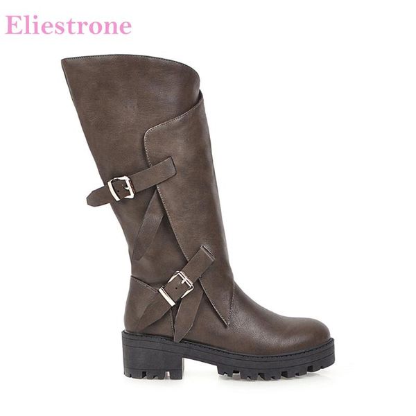 

winter new comfortable brown coffee women platform motorcycle boots med square heels lady shoes ly17 plus big size 10 43 46, Black