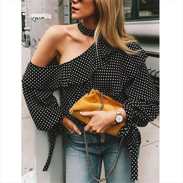 

мода шифон женщины горошек блузки повседневные леди сыпучие шифон с длинным рукавом блузка топы shoulderless оборками холтер рубашки, White