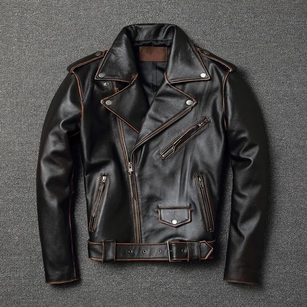 

yrsales.classic motor biker genuine leather jacket.slim cowhide coat.fashion vintage leather clothing.plus size, Black;white