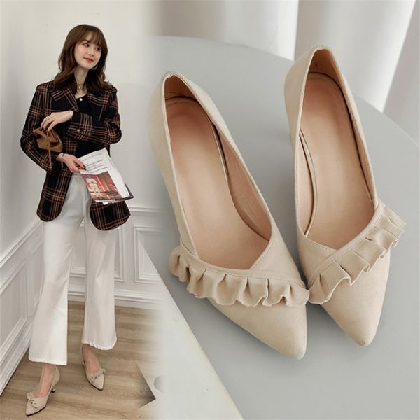 

pxelena 2020 spring new celebrity ruffles slip on pumps strange high heels pointy toe party dress office shoes woman plus size, Black