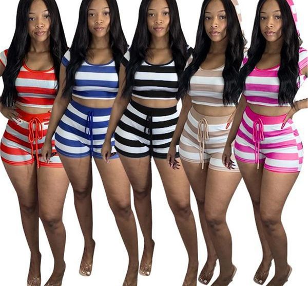 

designer women clothes two piece set tracksuit striped summer mini tee shorts jogger suit sporty fitness night club 2 pcs outfit, Gray