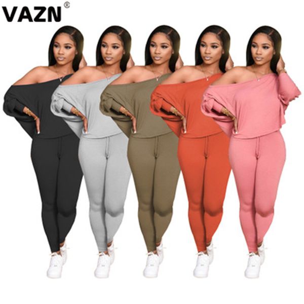 

vazn 2020 new special solid elegant v-neck loose lady shinny 2 piece set full sleeve full pant 2 pieces set, Gray