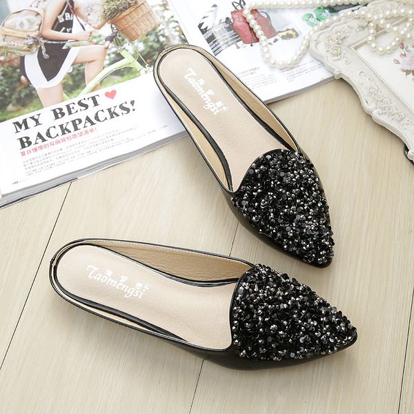 

2020 new fashion baotou half slippers women summer patent leather crystal roman sandals flat sandals soft bottom peas shoes, Black