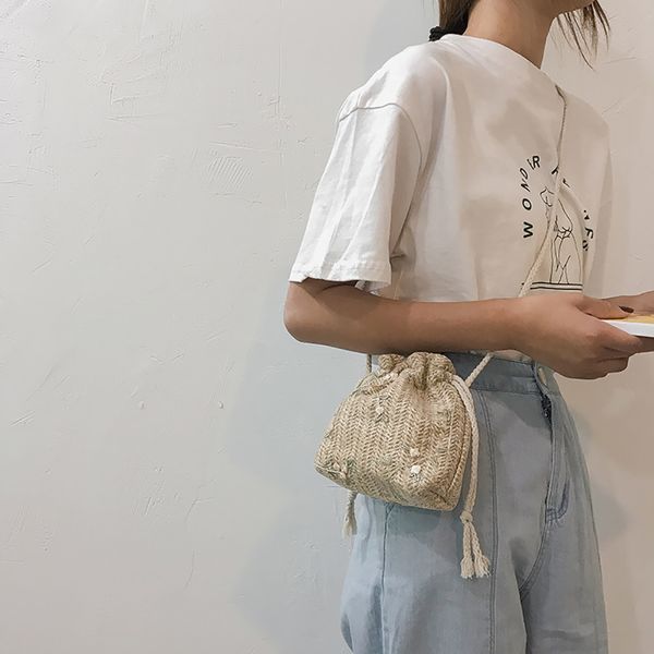 

designer boho bucket bag small summer straw crossbody beach bags for women mini rattan shoulder sac main femme #t1p