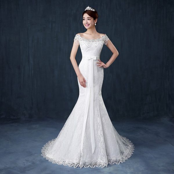Бесплатная доставка высококачественная русалка поезда поезда свадебные платья 2020 новый дизайн белый кружевной принцесса бисером Froc Bridal Ball