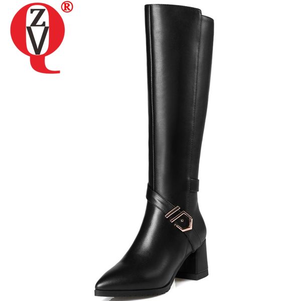 

zvq genuine leather zipper metal decoration high square heel winter warm big size pointed toe knee-high boots, Black