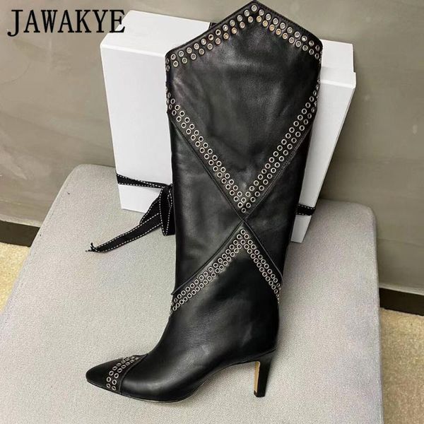

boots high heel studed ankle winter women's knee knight genuine leather fashion formal dress shoes women, Black