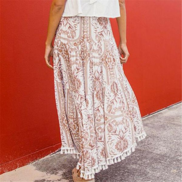 

casual vintage boho print long women a line skirt high waist a line korean tassel pink summer skirt ruffle beach female, Black