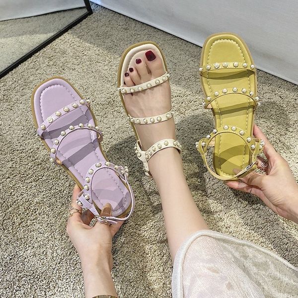 

summer 2020 new female flat sandals wild fairy style word buckle open toe roman sandals fashion pearl z968, Black