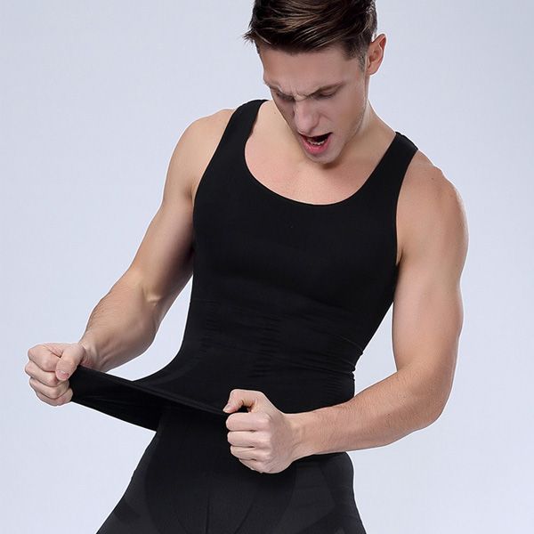 

running jerseys men breathable stretchy tight sleeveless tee shirt racer back belly control waist cincher fat burning bodyshaper, Black;blue