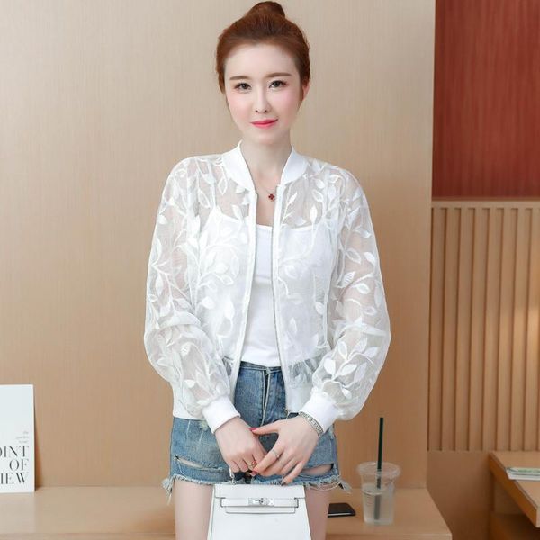 

summer white thin jacket casual stand collar long sleeve female bomber jacket fashion pink hollow sunscreen cardigan short coat, Black;brown