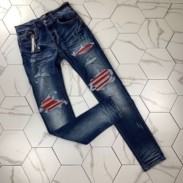 

2020 mens designer jeans distressed zipper hole men jeans high quali washed old ripped mx1 water ripple red flaky leather jeans ami slim man, Blue