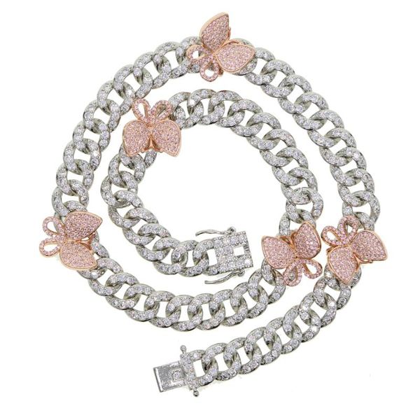 

white pink two tone color white cuban chain pink butterfly iced out bling pinky girl women choker necklace 16, Silver