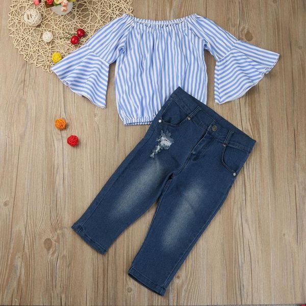 

new stylish toddler baby girl off shoulder stripe t shirt jeans pants outfit clothes set cool bebe suits fashion july26, White