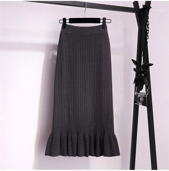 

solid color casual clothes womens knit trumpet slim skirts autumn winter designer one step ruffle thicken skirt females fashion, Black
