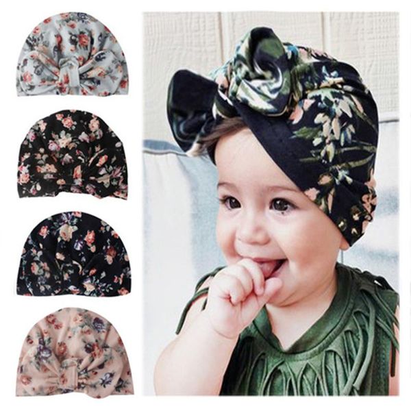 

caps & hats children print flowers baby hat floral kids bow tie cap born girls head wrap turban knot headband, Yellow