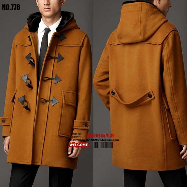 

s-3xl 2020 plus size men's slim casual fashion loose wool coat with a hood horn button male woolen outerwear clothing jacket, Black