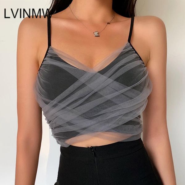 

women's tanks & camis lvinmw sleeveless cross mesh low cut backless spaghetti straps crop 2021 summer women fashion slim club, White