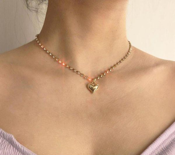 

korean shiny rhinestone heart choker necklace collar minimalist cute love heart crystal tennis chain necklace for women jewelry, Silver