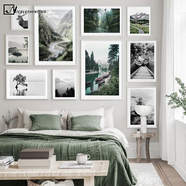 

scandinavian black white nature landscape poster nordic boat lake mountain print canvas wall art painting pgraphy picture