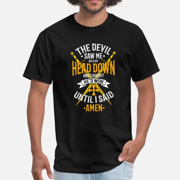 

the devil saw me with my head down white yellow t shirt men character 100% cotton o-neck slim graphic humor spring autumn novelty shirt