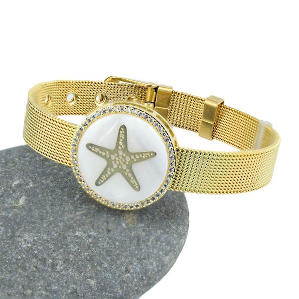 

summer beach shell starfish cubic zircon charm bracelet for woman man stainless steel watch belt bangle jewelry gift, Golden;silver
