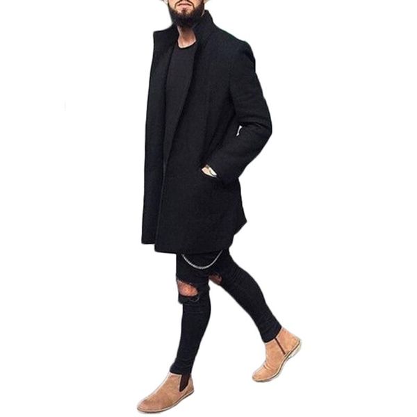 

autumn winter wool coats men fashion mid-long jacket mens turn down collar overcoat solid color slim fit male trench outerwear, Black