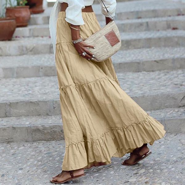 

zanzea 2020 spring lady high waist skirts elegant women ruffles pleated skirts female casual faldas saia cotton solid vestidos, Black