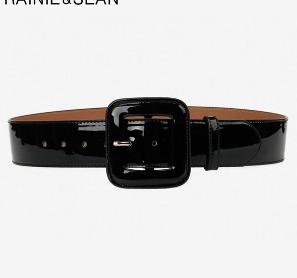 

rainie sean wide belt female dress belts patent leather genuine cowhide black elegant french luxury designer women waist04, Black;brown