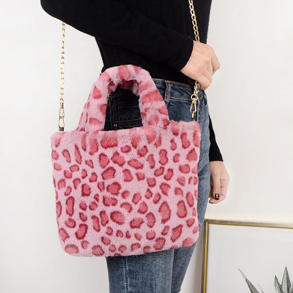 

2020 new women winter faux fur shoulder bag handbag lady leopard print handbag female party small girls tote bag christmas gift