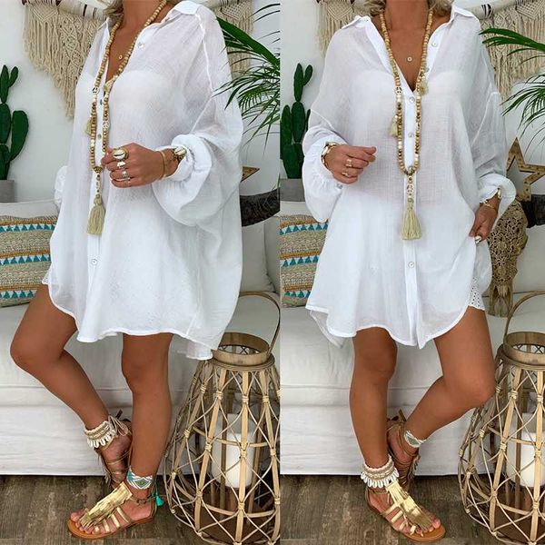 Mulheres Swimwear 2021 Mulheres Soltas Cobere Ups White Beach Dress Algodão Quimono Coverups para Swimsuit Up Woman