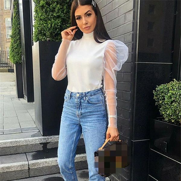 

women girls mesh sheer long sleeve transparent tee shirt vintage puff sleeve elegant blouse fashion autumn clothes, White