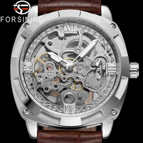 

forsining automatic mechanical men wristwatch sport male clock genuine leather skeleton man watch 8157, Slivery;brown