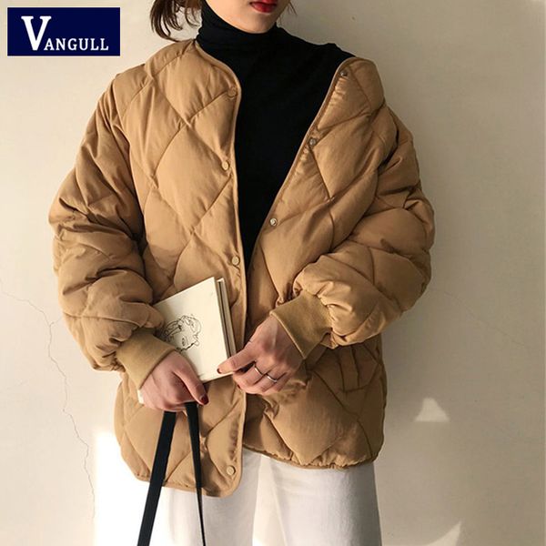 

vangull casual winter windbreaker coat women warm single breasted loose cotton coat 2020 office fashion long sleeve outerwear, Black