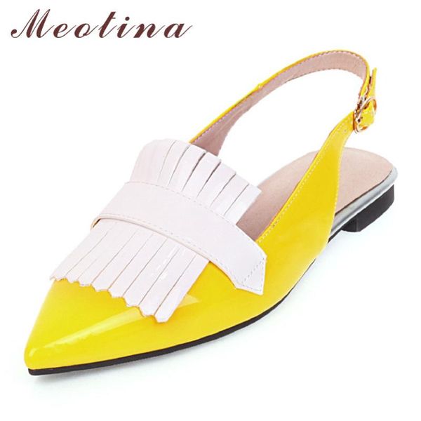 

meotina spring flats women slingbacks shoes fring buckle flat shoes mixed colors pointed toe ladies red yellow big size 46, Black