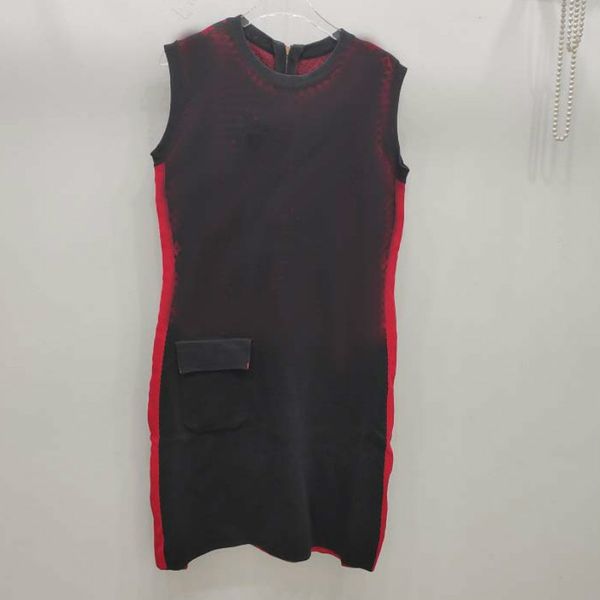

women knit dress black red contrast color casual style brief wear pocket dress female autumn crew neck sleeveless wholesale for unisex, Black;gray