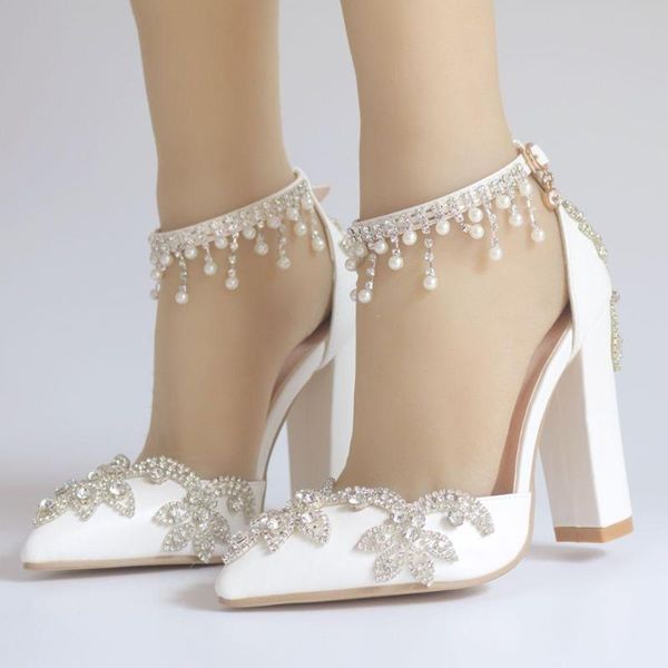 

2020 summer pointed crystal wedding shoes thick with super high-heeled buckle with tassel rhinestone female sandals large size, Black