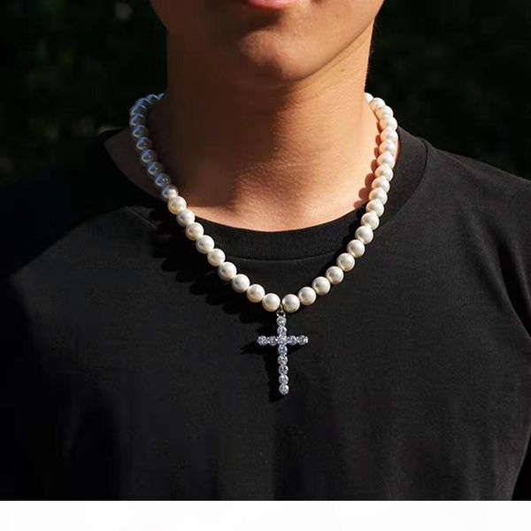 

iced out cross pendant necklaces for men women luxury designer pearls chain necklaces bling diamond crosses pendants pearl necklace jewelry, Silver
