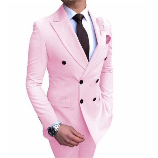 Abotoamento Groomsmen pico lapela do noivo smoking Homens rosa ternos de casamento / Prom / Jantar melhor homem Blazer (jaqueta + calça + gravata) K578