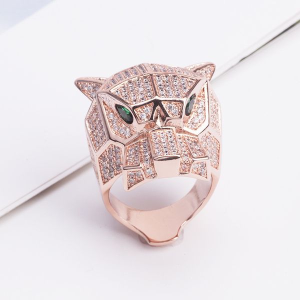 

tiger leopard head ring cz jewelry lovers cute rings exquisite copper plated hollow green eyed, Golden;silver