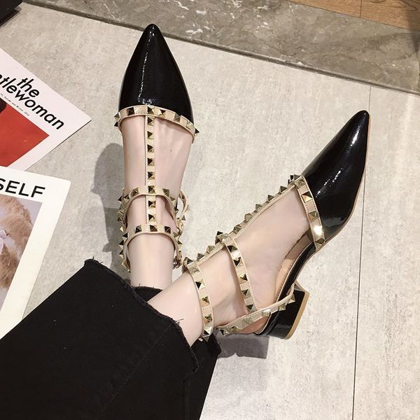 

2020 summer women sandals t strap rivets sandal patent leather dress shoes white wedding shoes flat sandal zapatos mujer 8094g, Black