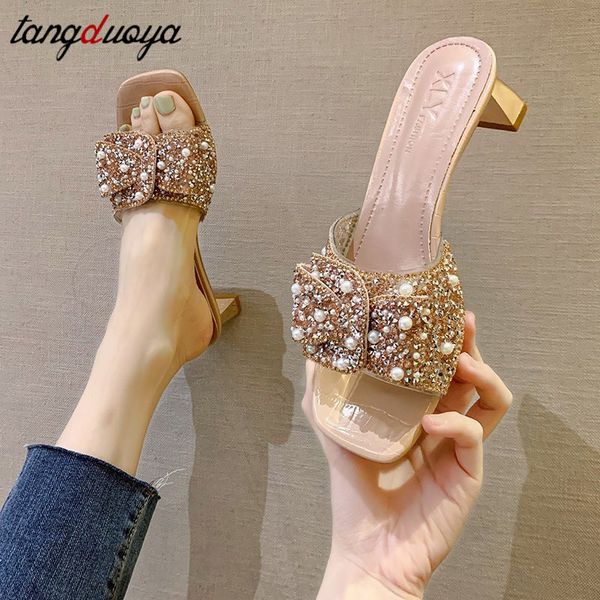 

pearls slides women sandals high heels slippers sandal shoes handmade bohemia crystal female square heel slippers, Black