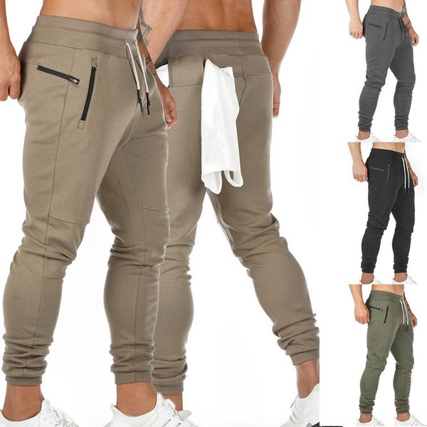 

men's pants 2021 men sportswear drawstring waist sports trousers gym joggers zipper pockets sweatpants track running, Black