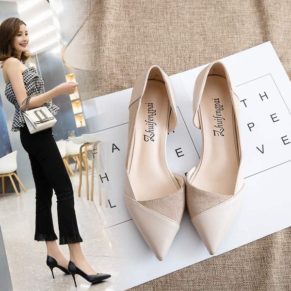 

nude heels documentary shoes 2020 chun xia han edition joker work fine white children pointed wedding shoe leather shoes, Black